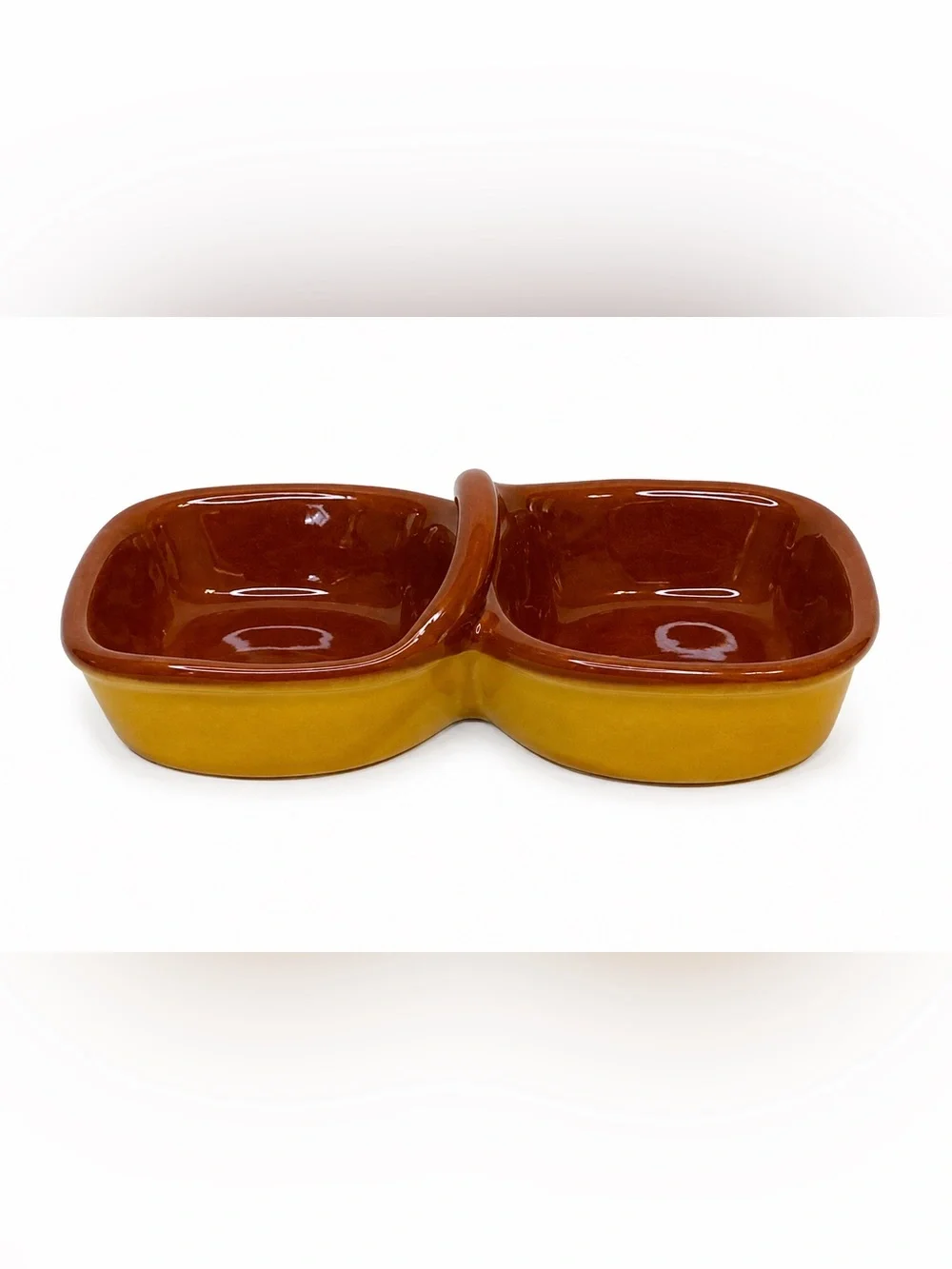 PIER 1 Salt & Pepper Sauce Double Sided Mustard Brown Glaze Pottery Dish
